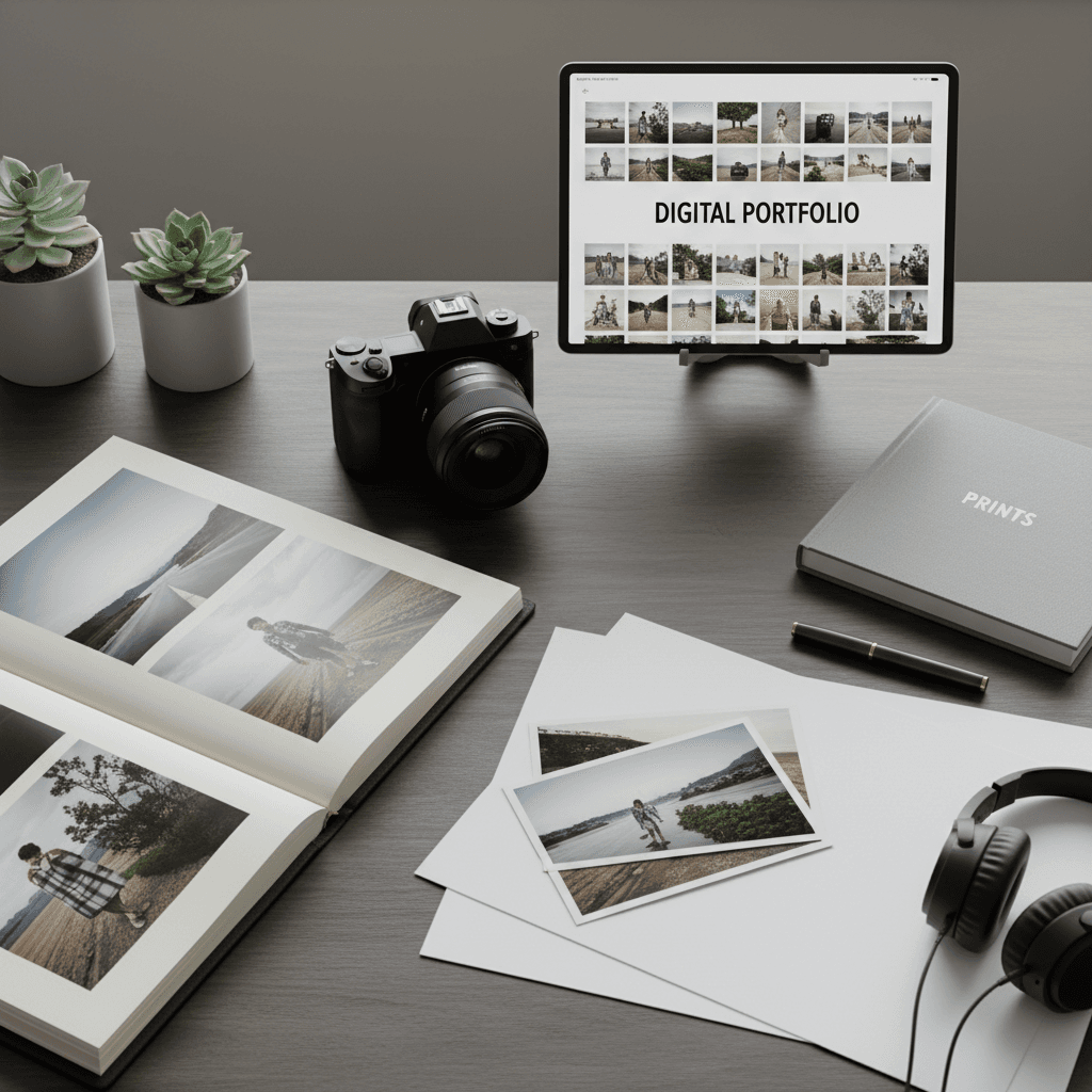 Modern camera and portfolio materials arranged on desk