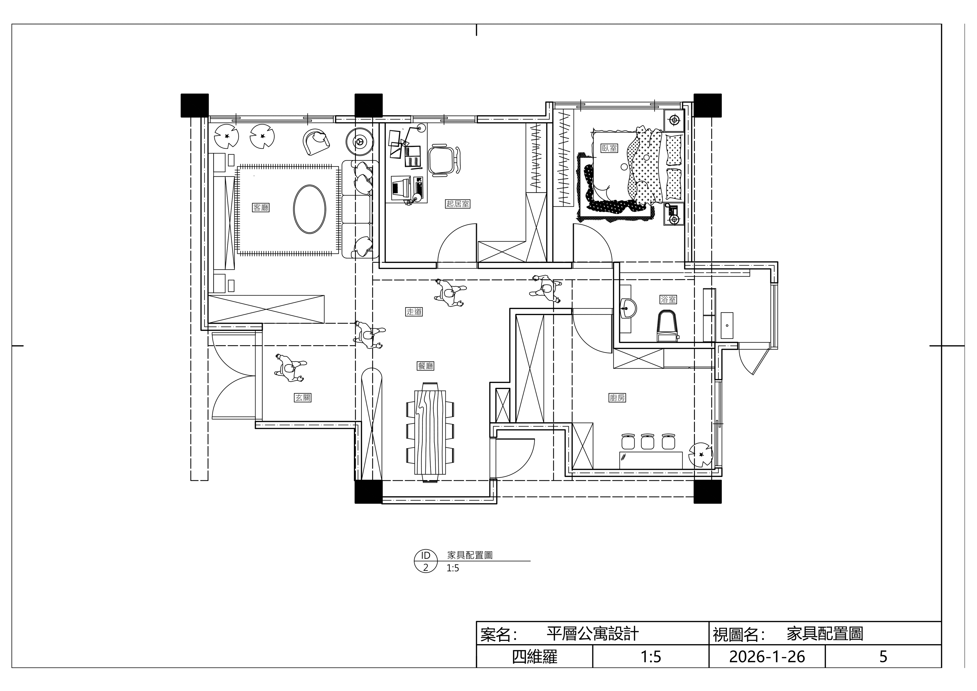 展示客廳、臥室、廚房家具配置的平層公寓建築平面圖。