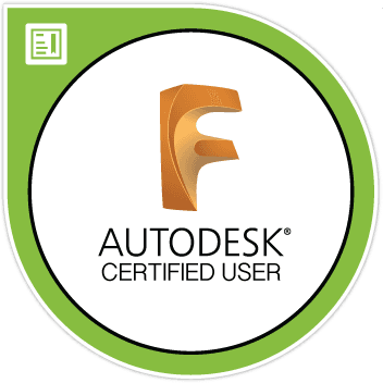 Autodesk 认证用户徽章,中心有橙色 Fusion 360 标志,外圈为绿色圆形。