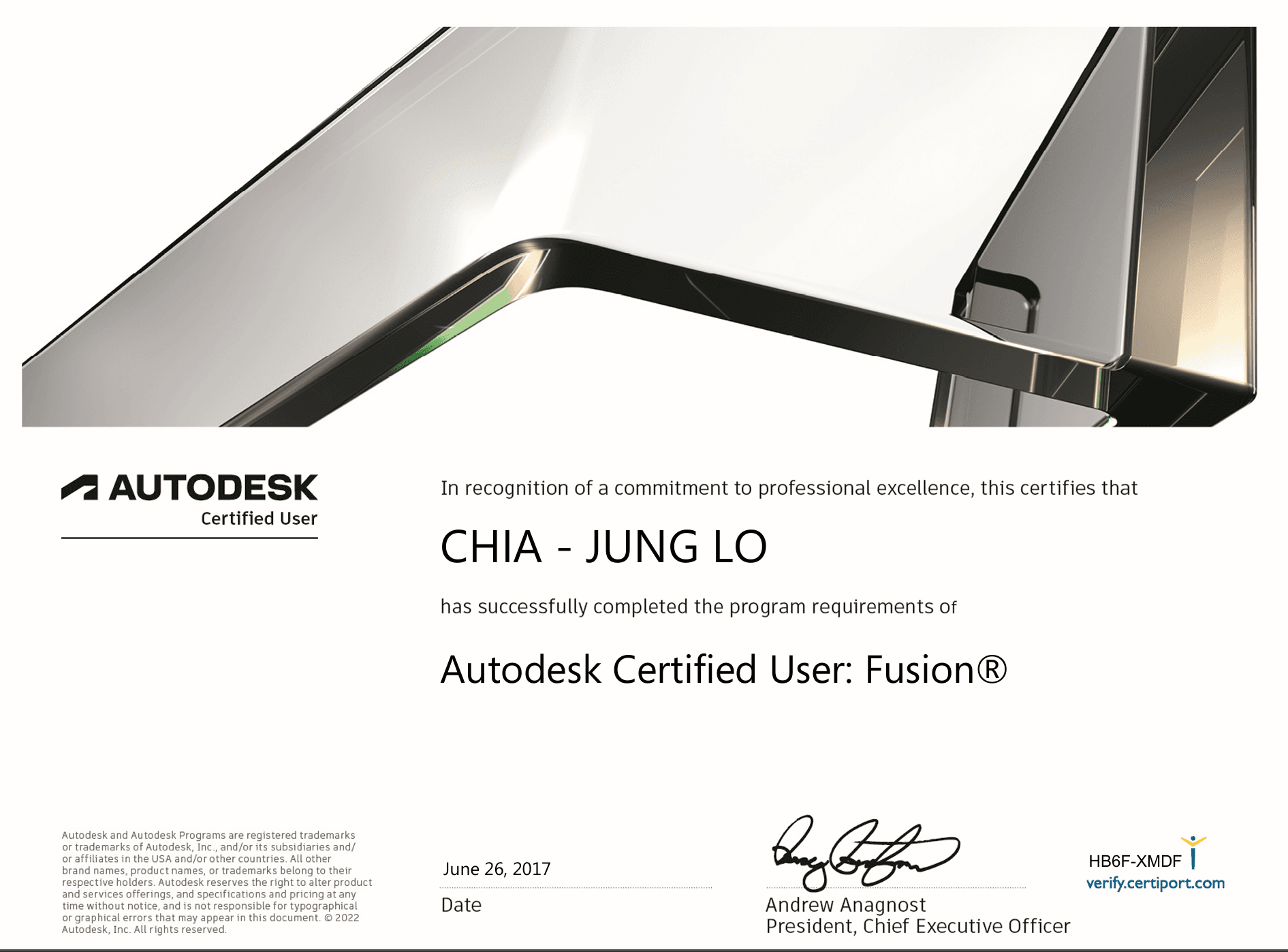 颁发给 CHIA - JUNG LO 的 Autodesk Certified User: Fusion 认证证书,日期为 2017 年 6 月 26 日。