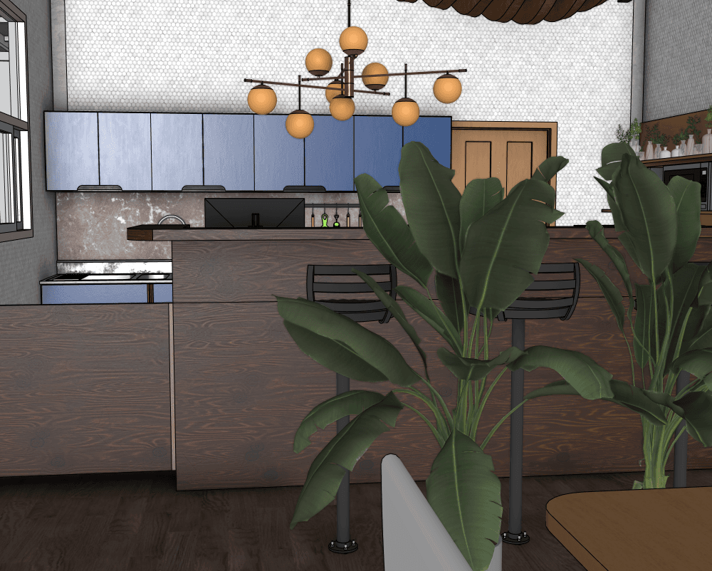现代厨房吧台,配有深色木柜台、蓝色橱柜、球形吊灯和大型绿植。